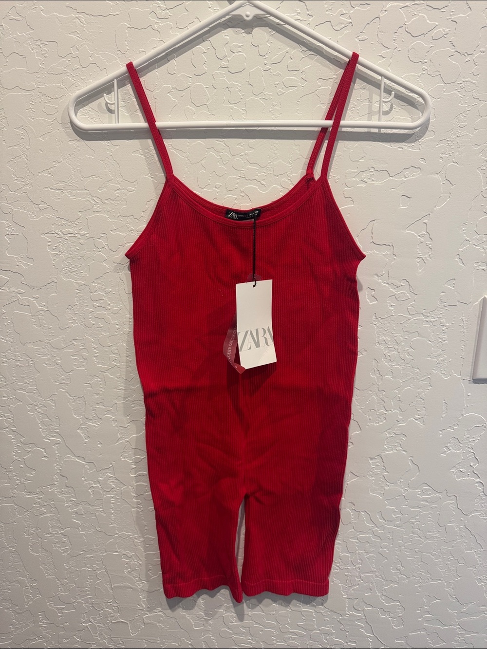 Zara Bright Red Ribbed Spaghetti-Strap Bike Short Romper